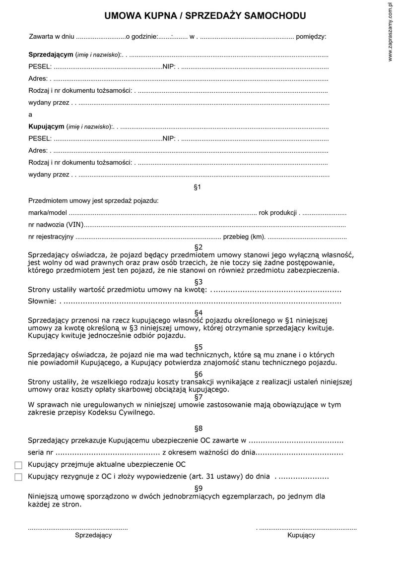 Dokumenty do sprzedaży samochodu